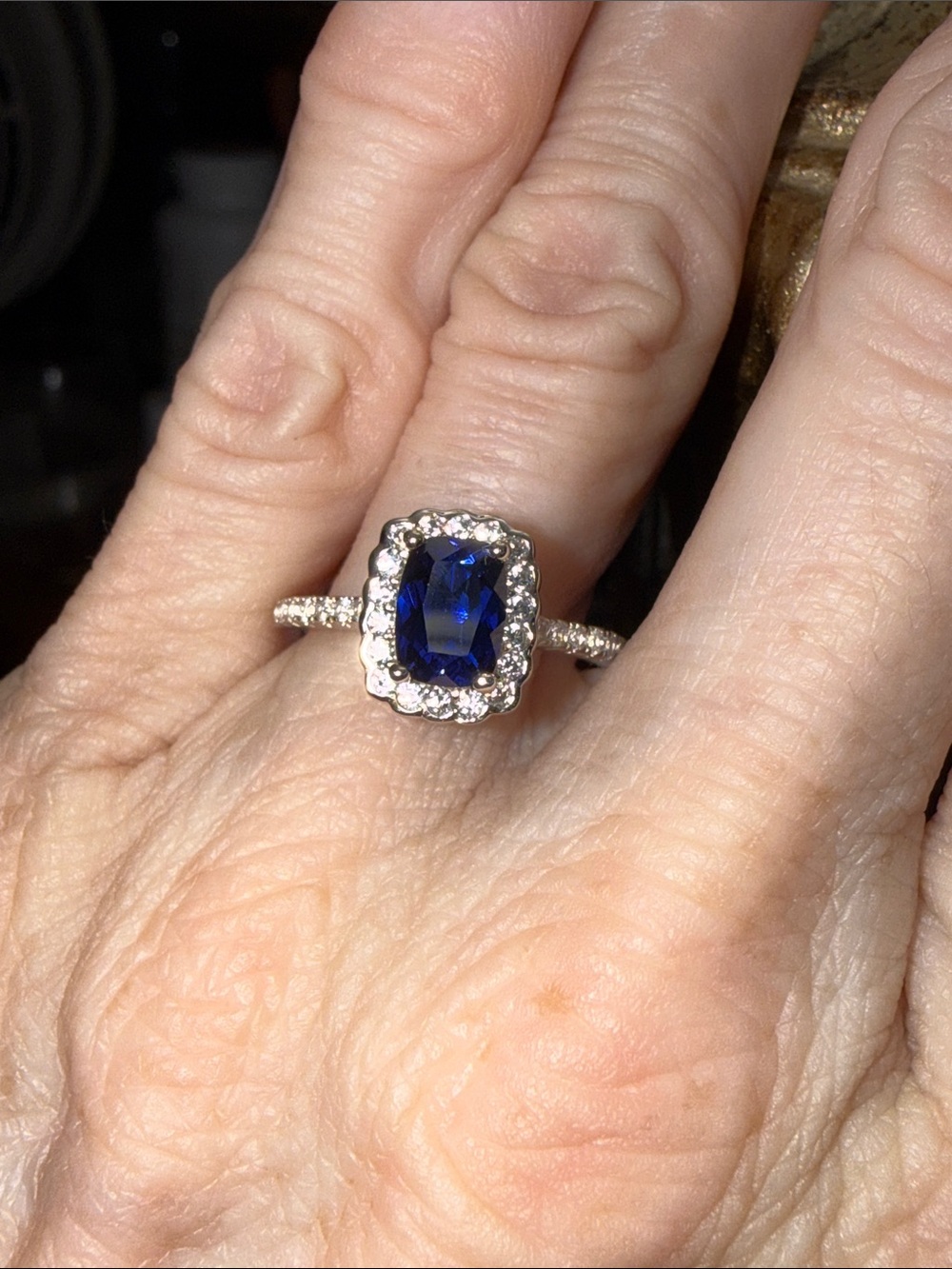 Blue Sapphire Halo Ring with Moissanite Diamonds in 925 Sterling Silver